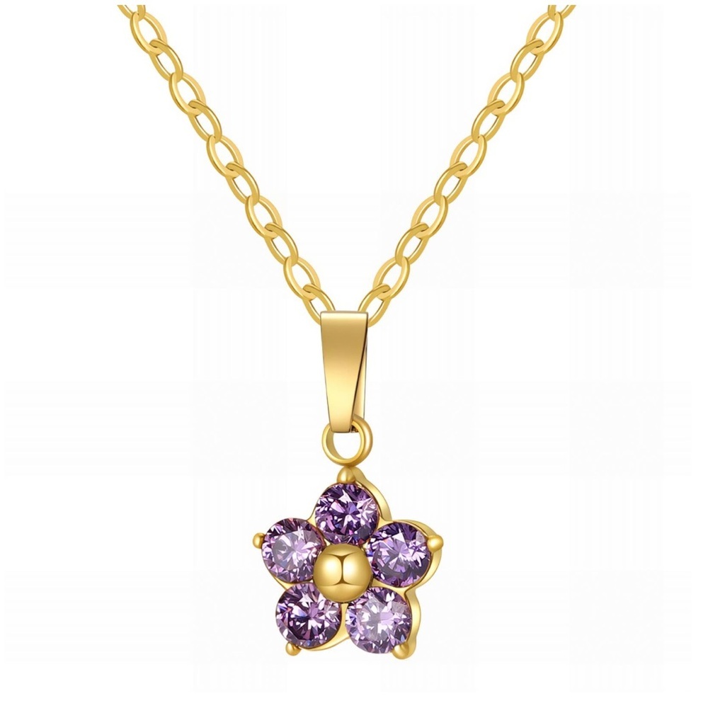 FLOWER NECKLACE, 18K GOLD PLATED STEEL with purple stones